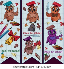 vector, childrens illustration on school theme, bird owl holding a variety of school subjects for learning, books test tube, briefcase for textbooks, maple leaves