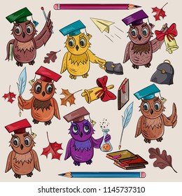 vector, childrens illustration on school theme, bird owl holding a variety of school subjects for learning, books test tube, briefcase for textbooks, maple leaves