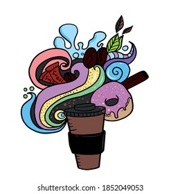  Ilustración infantil vectorial sobre un fondo blanco aislado. Para carteles, postales y stickers. Tubo de bebida caliente con patrón, buñuelos, palo de canela, garabatos