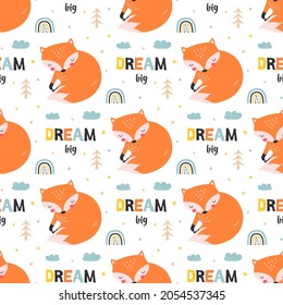 vector childrens illustration, print with cute fox in scandinavian style on white background, seamless pattern with cute sleeping fox and lettering dream big