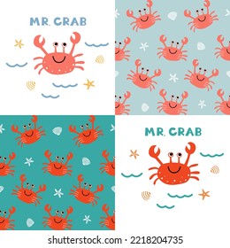 Vector children's illustration with red crab, shells and starfish on a white background and seamless patterns with crabs. Suitable for children's prints, wallpapers, wrapping paper, stationery, etc.