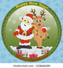 vector childrens illustration Santa Claus hugging Christmas reindeer standing in the snow among the snowflakes