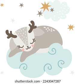 Vector children's illustration in Scandinavian style. Cute little deer sleeping on a cloud, stars 