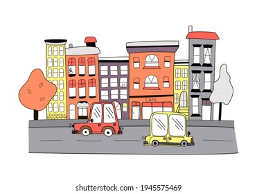 Vector children's illustration, a small color town in doodle style, cute houses with cars on a road, cafes, and trees on a white background. Illustration for postcards, gifts, packaging.