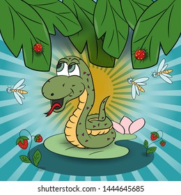 vector childrens illustration of a small snake sitting on a water Lily among the raspberry among the foliage 10