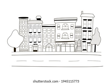 Vector children's illustration, a small town in doodle style, cute houses with a road, cafes and trees on a white background. Illustration for postcards, gifts, packaging.