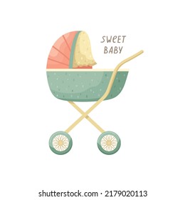 Vector children's illustration of a stroller. A newborn.