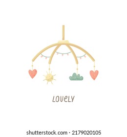 Vector children's illustration of a suspended mobile with toys.
