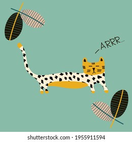 Vector children's illustration with a tiger and the inscription arrrr, and tropical leaves on a colored background in the Scandinavian style. Children's illustration for pajamas. posters, postcards