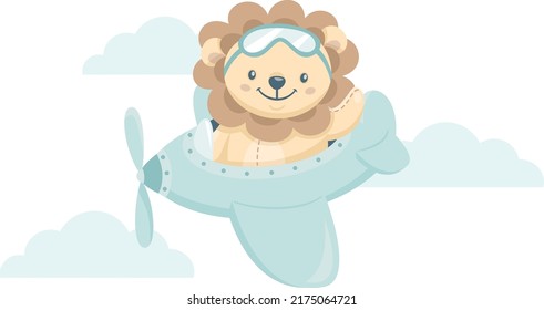 Vector children's illustration. Toy lion cub flying a plane in the sky. Cute lion. 