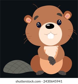 Vector children's illustration for young children. A beaver with a branch from a tree.