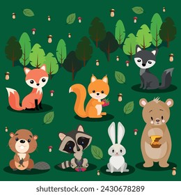 Vector children's illustration for young children.Forest animals. A set of fox, bear, wolf, hare, squirrel, raccoon and beaver.