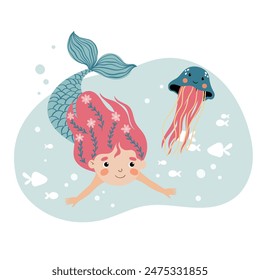Vector children's magic poster with a mermaid, perfect for nursery decor, kids' room art, birthday party invitations, greeting cards, and educational materials. 