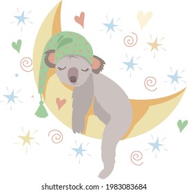 Vector children's nursery illustration koala bear sleeping on the moon in a merry cap in the sky among the stars.