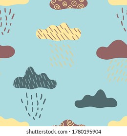 Vector children's pattern with clouds and raindrops on a colored background. Scandinavian style. Graphics for t-shirts, fabrics, textiles, pajamas, printing, gifts