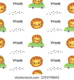 Vector children's pattern. Cute lion cub rides in a car, lion's muzzle, vroom inscriptions