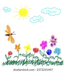 Vector children's pencil drawing of nature in the form of flowers and butterflies
