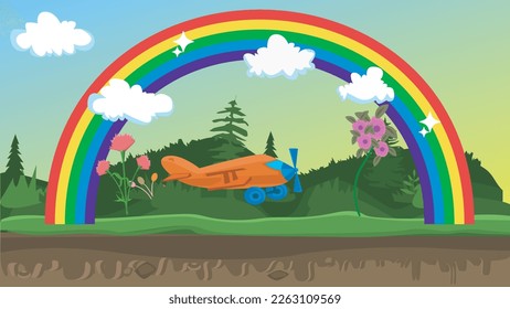 vector children's playground background with beautiful rainbow, and grass and airplane, flowers and clear sky. for children's education