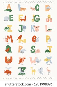 Vector children's poster with the English alphabet and animals, with captions to them. Flat modern illustration in muted colors with simple light drawings