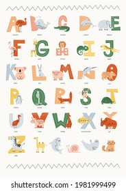 Vector children's poster with the French alphabet and animals, with captions to them. Flat modern illustration in muted colors with simple light drawings