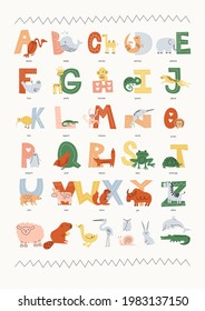 Vector children's poster with the Portuguese alphabet and animals, with captions to them. Flat modern illustration in muted colors with simple light drawings