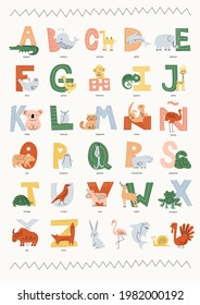 Vector children's poster with the Spanish alphabet and animals, with captions to them. Flat modern illustration in muted colors with simple light drawings