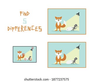 vector children's puzzle find 5 differences with the image of a fox and a mouse