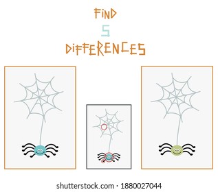 Vector children's puzzle find 5 differences spider hanging on a web
