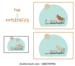 Vector children's puzzle find 5 differences girl sitting in a clearing