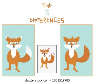 rompecabezas vectorial para niños encontrar 5 caracteres de diferencia Fox