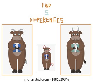 vector children's puzzle find 5 differences character bull with a gift box in his hands