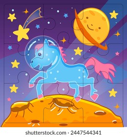 Vector puzzle infantil con un pequeño pony en el espacio.