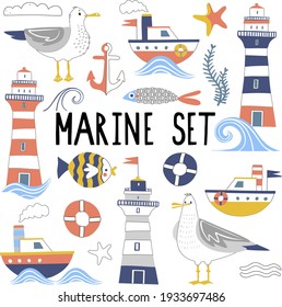 vectores de juegos de mar para niños con faros de barcos gaviotas de peces olas de color gris rojo sobre un fondo blanco para huellas de niños
