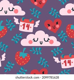 Vector children's seamless pattern with calendar, cloud, strawberries, plants, heart for Valentine's Day. Background for printing on fabric, wallpaper, wrapping paper, scrapbooking