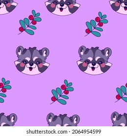 Vector children's seamless pattern for children with cute raccoons and berries Background with a pattern for children with cartoon characters, for printing on fabric, clothes, toys, notebooks