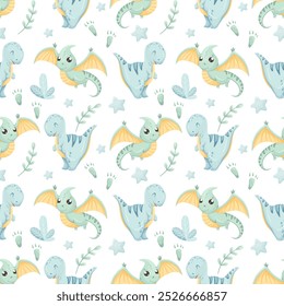 Vector children's seamless pattern with colorful dinosaurs, plants and footprints on a white background. Ideal for children's clothing, textiles, wallpaper, wrapping paper. Patern with blue dinos