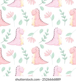 Vector children's seamless pattern with colorful dinos, plants and flowers on a white background. Ideal for children's clothing, textiles, wallpaper, wrapping paper. Patern with pink dinos.
