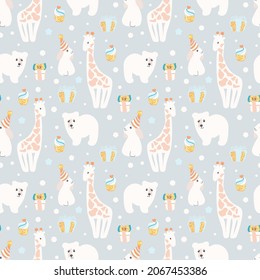 Vector children's seamless
pattern with cute animals polar bear, bunny, giraffe.
Suitable for backgrounds, wallpapers, wrapping paper, fabrics, textiles