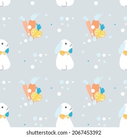 Vector children's seamless
pattern with cute bunny with vegetables.
Suitable for backgrounds, wallpapers, wrapping paper, fabrics, textiles