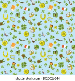 vector childrens seamless pattern for design of the Irish holiday St. Patricks Day blue background