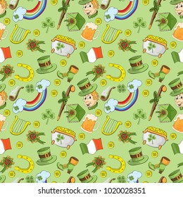 vector childrens seamless pattern for design of the Irish holiday St. Patricks Day green background