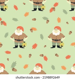 Vector children's seamless pattern. A dwarf with a lantern