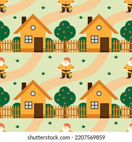 Vector children's seamless pattern. A dwarf and a house.