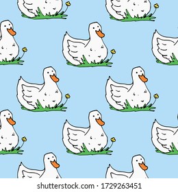 vector children's seamless pattern with hand-drawn cartoon ducks on a blue background. it can be used as Wallpaper, background, print, textile design, notebooks, phone cases, packaging paper, and more