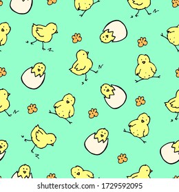 vector children's seamless pattern with hand-drawn cartoon chicks. it can be used as Wallpaper, background, print, textile design, notebooks, phone cases, packaging paper, and more.