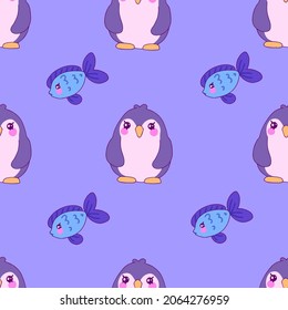 Vector children's seamless pattern for kids with cute penguins and fish. Background with a pattern for children with cartoon characters, for printing on fabric, clothes, toys, notebooks