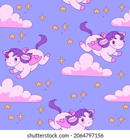 Vector children's seamless pattern for kids with cute pegasus. Pattern background for children with cartoon characters, for printing on fabric, clothes, toys, notebooks, wrapping paper