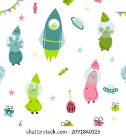 Vector children's seamless pattern on a space theme. Aliens, rocket, cupcake, balloons and so on.