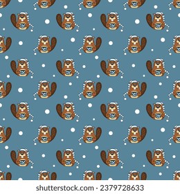 Vector children's seamless pattern with smiling beavers on a blue background. Ideal for baby clothes, nursery, textiles, wallpaper, wrapping paper.