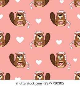 Vector children's seamless pattern with smiling beavers and hearts on a pink background. Ideal for baby clothes, nursery, textile, wallpaper, wrapping paper, baby room pattern.